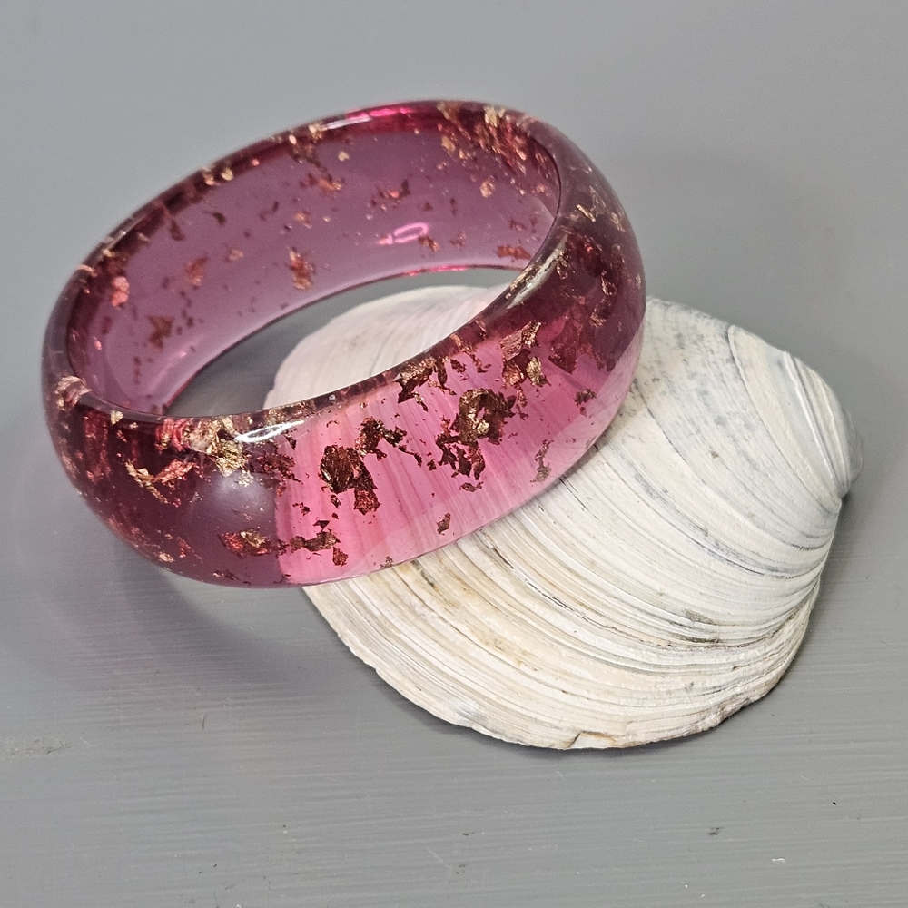 Vintage Purple Pink Resin Bangle Bracelet with Gold Confetti  1"
